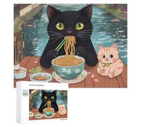 Cat Ramen Noodles Japan Wooden Puzzle Letter on Back Adults Difficult Jigsaw Puzzles for Home Decor Birthday Gift