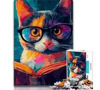 Cat Reading A Book Jigsaw Puzzles for Teenagers,Family Game Stress Reliever Difficult Challenge Artists Collection,Fine Art (38x26cm)