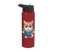 Cat Reading A Book Kitten Wearing Glasses Librarian Stainless Steel Insulated Water Bottle