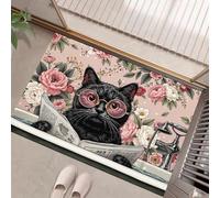 Cat Reading A Newspaper Washable Door Mats Indoor, Retro Flowers Mat Absorbent Non-Slip Low Profile Doormat For Entrance, Inside, Kitchen, Front Back Door, Pets Dogs- 50 X 80 Cm, Pink