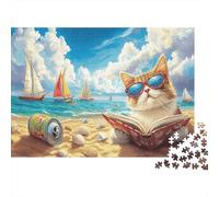 Cat Reading Beach Book 1000 Pieces Cool Beach Cat Premium Cardboard Jigsaw Puzzle for Adults Family Parent-child Interaction Social Icebreaker Holiday Pastime Collectible 70x50cm/1000pcs