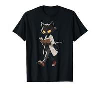 Cat Reading Book while Walking Artwork Animal Motif Cat T-Shirt