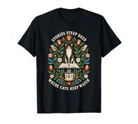 Cat Reading Coffee Book Lover Stories Steep Deep Folk Floral Value Graphic T-Shirt