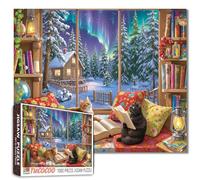 Cat Reading Time Winter Scene 1000 Piece Jigsaw Puzzle for Adults Students Aurora Snow Cabin Bookshelf Holiday Decor Jigsaws Relaxing Home Art Gift 20×27 Inches Challenging Wintertime Puzzle