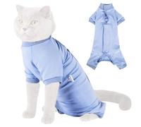 Cat Recovery Suit for Spay Surgery, Size L, 13.8-16.1 in Back Length, Protective Leg Sleeves for Cats to Stop Licking, Full Body Blue Onesie, Breathable Cotton Fabric for Post-Op Healing