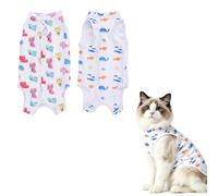 Cat Recovery Suit, White, Polyester, Cute Animal Print, 2 Pack, Post-Surgery Pet Wear