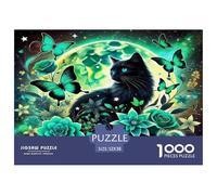 Cat Recycled Paper 1000 Pc Puzzle for Adults Kids -Black Cat Green Roses Butterflies Mystical Vibrant Fun Present & Activity for Home Great Gift Idea52x38cm/1000pcs