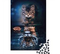 Cat Reflection Tiger 1000pc DIY Jigsaw Puzzle for Adults All Ages Sturdy Recycled Paper Home Decoration Wall Display Festive Brain Game Puzzle 38x26cm/1000pcs