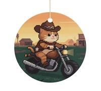 Cat Riding A Motorcycle Double-Sided Ceramic Christmas Ornaments - Round Hanging Mini Xmas Tree Decorations, Ideas for Farmers, Rustic Home Decor for Indoor Outdoor Tree Decor