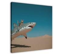 Cat Riding A Shark in The Abstract Desert Canvas Poster Bedroom Decor Landscape Office Room Decor Gift 28x28inch(70x70cm)