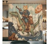 Cat Riding Dinosaur Shower Curtain, Retro Animal Print Blue Green Decorative Bathroom Curtain, Summer Fanciful Waterproof Fabric Shower Curtain Set with Hooks 72x72 Inch