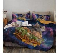Cat Riding Hamburger Space Duvet Cover, Fantasy Animals Microfiber Duvet Cover 3 Pieces Ultrasoft Quilt Covers Bedding Sets with Zipper Closure, Super King Size
