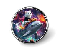 Cat Riding on Dolphin Hot Dog Round Lapel Pin Button Brooch Tie Badge Elegant Hat Clothing Jewelry Accessories