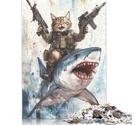 Cat Riding Shark with Guns Puzzle 1000-teilige Schwer Puzzle Spielzeug Pädagogisches Spiel Impossible Herausforderungsspielzeug Für Erwachsene Und Kinder Ab 12 Jahren 1000pcs (38x26cm)