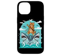 Cat Riding Sharks Adventure Humor Case for iPhone 14