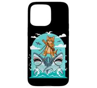 Cat Riding Sharks Adventure Humor Case for iPhone 15 Pro Max