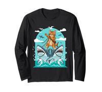 Cat Riding Sharks Adventure Humor Long Sleeve T-Shirt