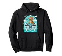 Cat Riding Sharks Adventure Humor Pullover Hoodie