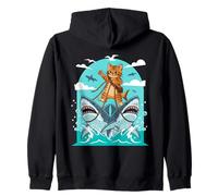 Cat Riding Sharks Adventure Humor Zip Hoodie