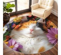 Cat Round Area Rug 240cm, Cute Cat Rug, Flowers Circle Rugs, Low-Pile Round Rugs for Kitchen Dining Living Room Bathroom Beneath the Furniture