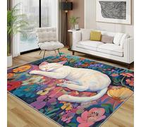 Cat Rug - Sleeping Kitten Flower Small Rugs for Bedroom 60x90, Colourful Bright Floral Pet Floor Mat Soft Washable Non Slip Indoor Mats, Cat Room Decor