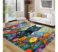 Cat Rugs Living Room Large 160x230 - Black Kitten Flower Bedroom Rug, Colourful Bright Pet Washable Non Slip Low Pile Carpet, Cat Home Decor