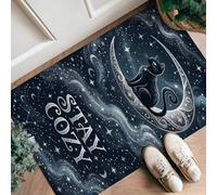 Cat Runner Rug, Mystical Fanciful Moon Stars Fall Black Low Pile Sponge Aesthetic Doormat Rectangle Accents Rug for Kitchen Laundry Room Doorway Entryway Decor 2x3 Ft