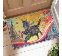 Cat Runner Rug, Playful Vibrant Soccer Ball Confetti Celebration Yellow Low Pile Doormat Accents Rug Fade Resistant for Kitchen Bathroom Entryway Bedside Decor 2x3 Ft
