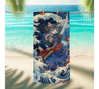 Cat Samurai Beach Towel Grey Anime Style Quick Dry Absorbent Sand Free Lightweight Bath Blanket, Outdoors Vacation Picnic Pool Gym Essentials 70x35 Inch
