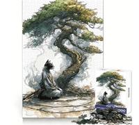 Cat Samurai Meditating Under A Bonsai Tree 1000 Pieces Puzzles for Adults Mental Exercise Mindful Escape Snug Lock Xmas Surprise size 38x52cm