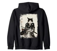 Cat Samurai Warrior Vintage Ukiyo-e Art Japanese Katana Zip Hoodie