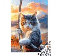 Cat Samurai with Swords And Mountain 1000 Piece Jigsaw Puzzle for Adults, 70x50cm/1000pcs, White Cardboard, Gift Idea for Puzzle Lovers And Evening Downtime