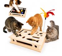 Cat Scratch Puzzle Box, Wooden Cat Nail File Treat Box with Sandpaper Inside, Cat Scratcher Puzzle Enrichment Toy with 3 Bell Balls & Feather Toy for Indoor Cats