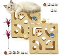 Cat Scratch Puzzle Enrichment Box with Nail File, Stress Free Alternative to Clippers & Grinders, Wooden Cat Scratch Puzzle Box Files Claws While Playing,Interactive Maze Toy with Bell Balls (2set)