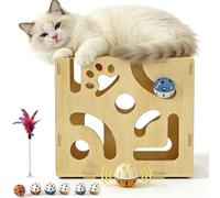 Cat Scratch Puzzle Enrichment Box with Nail File, Stress Free Alternative to Clippers & Grinders, Wooden Cat Scratch Puzzle Box Files Claws While Playing,Interactive Maze Toy with Bell Balls (1set)
