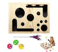 Cat Scratch Puzzle Enrichment Box with Sandpaper Inside, 3 Bell Ball & Teaser, Wood Cat Nail File Box, Interactive Toy for Free Alternative to Trimming Nails