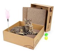 Cat Scratcher Box 3in1 Reversible Cat Scratching Pad Corrugated Cardboard Cat Scratchers for Indoor Cats,Replacement Cardboard Refill Lounge &Cat Bed with Scratching Toy and Toy Balls