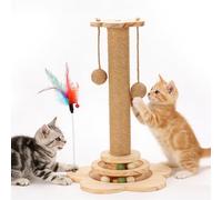 Cat Scratching Post, 46cm Tall Cat Scratcher with Solid Wooden Base Interactive Track Ball & Spring Feather Toy, Natural Sisal Scratching Posts for Indoor Cats with Mint Balls & Non Slip Mats