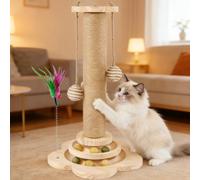 Cat Scratching Post Natural Sisal 46cm Tall, Sturdy Indoor Kitten Scratcher with Elevated Play Platform & Hanging Interactive Toys, Tool-Free Quick Assembly Compact Space Saving Cat Activity Tool