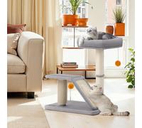 Cat Scratching Post with Bed, Multifunctional Cat Scratcher with Rotatable Scratching Ramp, Perch, Self-Groomer, Pompoms