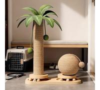 Cat Scratching Post with Dangling Balls and Ball Tracks, Cat Scratcher Toy for Indoor Cats to Sharpen Claws, Solid Wood Base and Natural Sisal Post, Wood Colour and Green