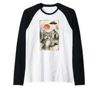 Cat Selfie Alien UFO Funny Invasion Meme Sumi-e Japanese Raglan Baseball Tee