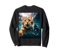 Cat Selfie During Shark Chase Funny Underwater Graphic Sweatshirt