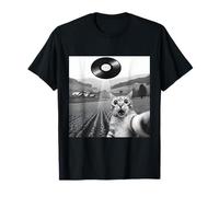 Cat Selfie UFO Beam Vinyl Record Alien Abduction Scene T-Shirt