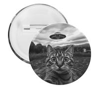 Cat Selfie With Aliens Spaceship Unisex Novelty Brooches & Pins Round Tinplate Lapel Badge for Clothing Shawl Hat