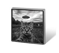 Cat Selfie With Aliens Spaceship Unisex Novelty Brooches & Pins Square Metal Lapel Badge for Clothing Shawl Hat