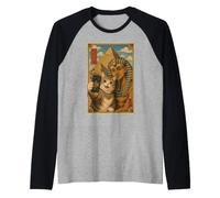 Cat Selfie with Pharaoh Pyramids Cute Ukiyo-e Japanese Art Raglan Baseball Tee