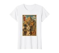 Cat Selfie with Pharaoh Pyramids Cute Ukiyo-e Japanese Art Value Graphic T-Shirt, Women, White, L