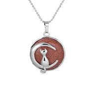 Cat Shape Natural Stone Pendant Necklace,Genuine Gemstone Moon Pendant with Silver Chain,Gemstone Necklace for Women Men Brown Sand