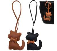 Cat-Shaped Bag Charms Keychains - Set of 2, PU Leather, Cartoon Kitten Designs, Stylish Women's Accessories (Black&Coffee)